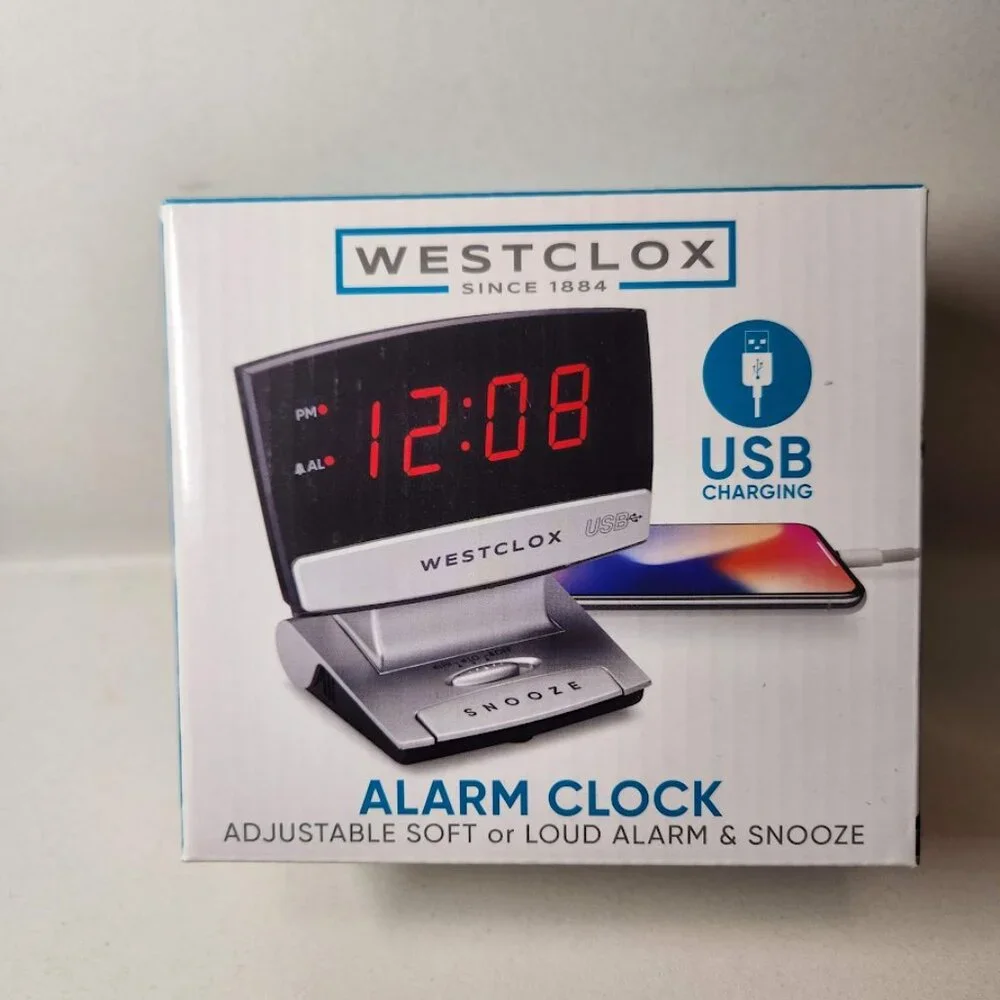 Digital Desk Table Alarm Clock with USB Charging Port Black Silver LED Large 0.9